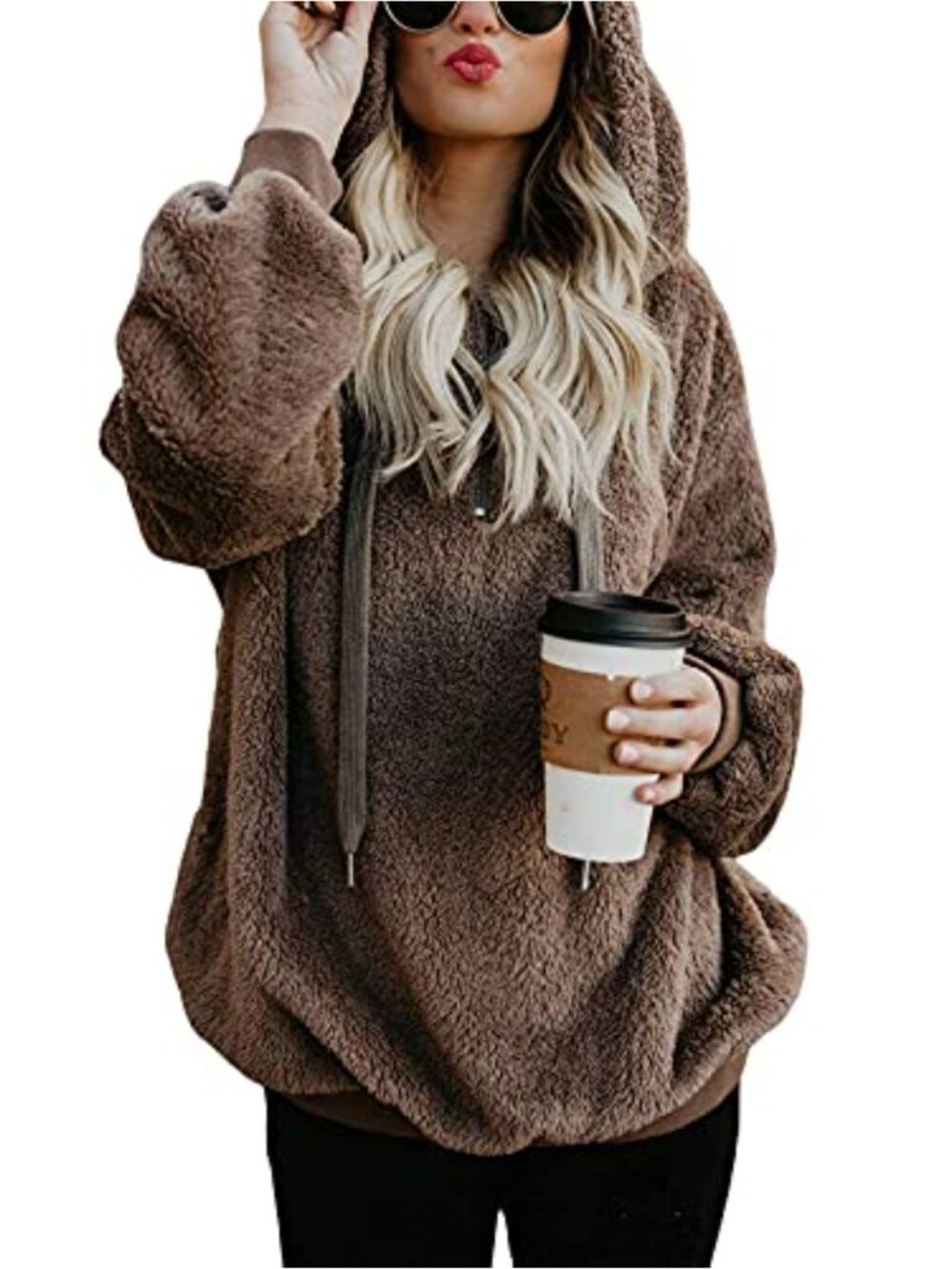 Women Fuzzy Sherpa Fleece Hoodie Fluffy Long Sleeve Pullover Sweatshirt